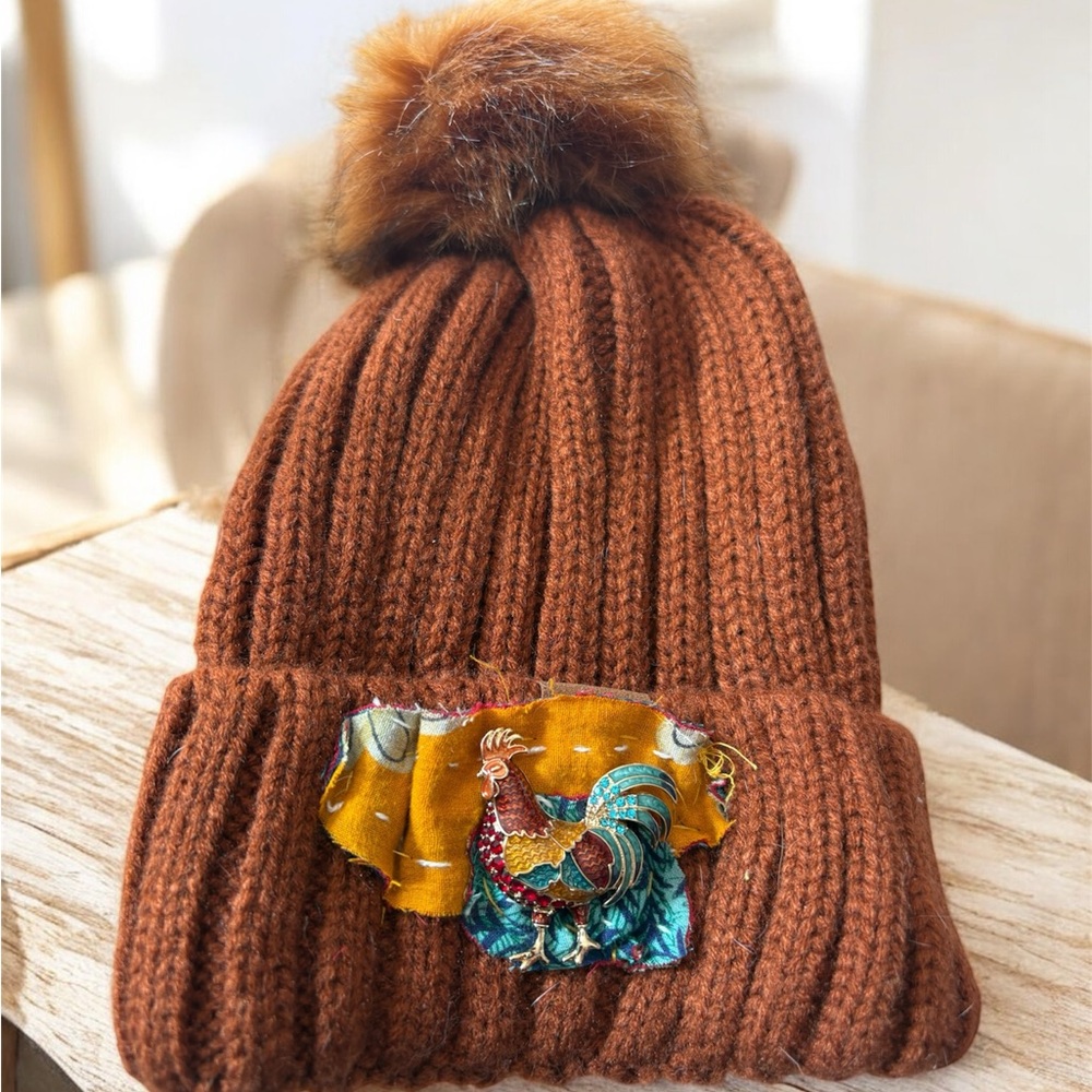 Cozy Knit Beanie with Rooster Brooche and kantha Patches. Up cycled by ME